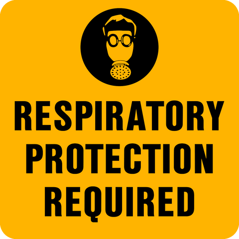 Yellow sign with black text “Respiratory Protection Required” and respirator symbol. PPE safety sign for hazardous areas.