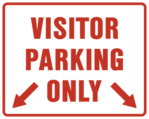 A red and white parking sign with the text 'VISITOR PARKING ONLY' and two arrows, one pointing up and the other pointing to the left.