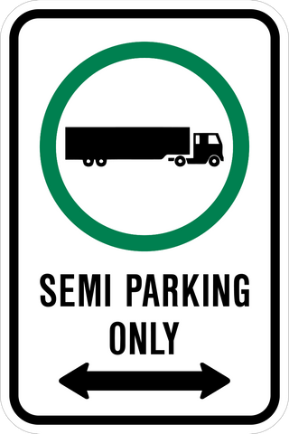 This Semi trailer only parking sign is a rectangle sign. It has a parking permitted symbol wit ha semi truck and black text saying Semi Parking only on a white background.