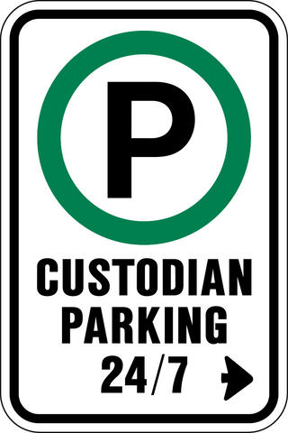 This Custodian Parking Sign is a rectangle shape sign. It has a parking permitted symbol and black text on a white background.