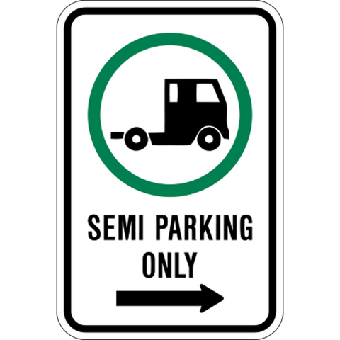 This Semi trailer right parking sign is a rectangle sign. It has a parking permitted symbol wit ha semi truck and black text saying Semi Parking only and a right pointing arrow on a white background.