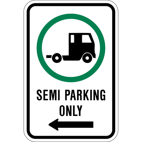 This Semi trailer left parking sign is a rectangle sign. It has a parking permitted symbol wit ha semi truck and black text saying Semi Parking only and a left pointing arrow on a white background.