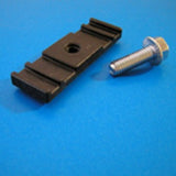 Chain Link Fence Bracket Sign Mounting Hardware is a black metal chain link fence bracket with mounting hardware, including screws, to securely fasten signs to chain link fence.