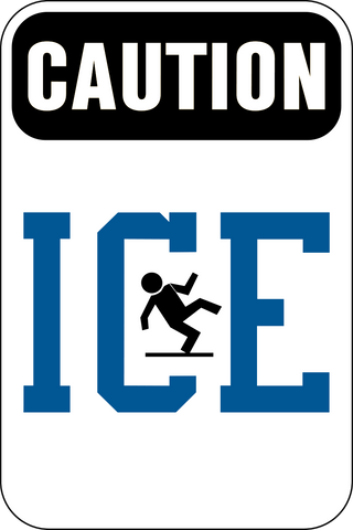 A rectangle shaped sign with a black and white caution header and the word Ice in blue text. This sign includes a graphic of a person slipping on ice.
