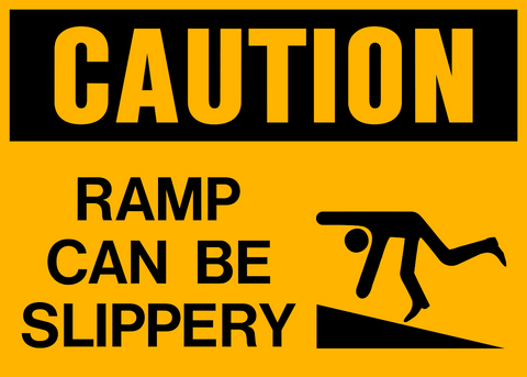 A yellow sign with black text and pictogram, indicating caution and slippery ramp conditions.