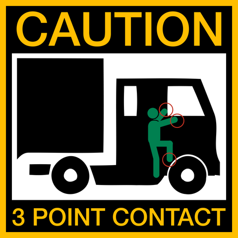 A safety sign with a yellow background featuring the text 'CAUTION' and a pictogram of a person alighting from a truck, indicating 3 point contact is required.