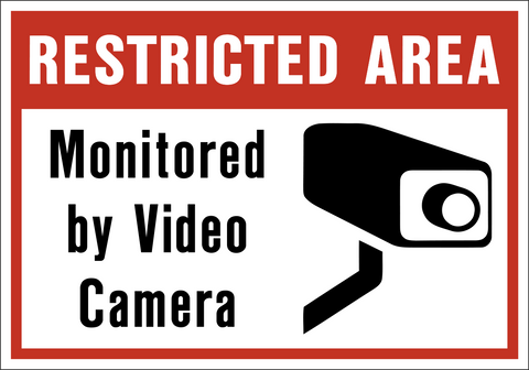 This red and white sign has black text and camera graphic. The text says 'Restricted Area Monitored by Video Camera'