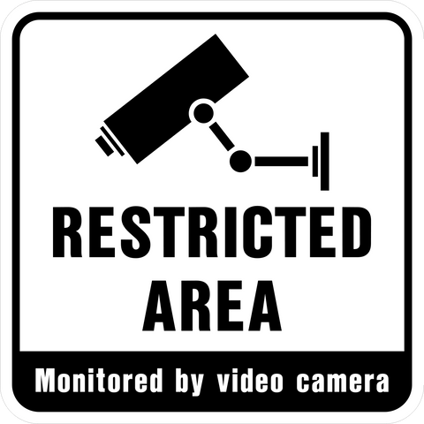 This square signs has black text and graphic on a white background. The text says Restricted Area Monitored by Video Camera.