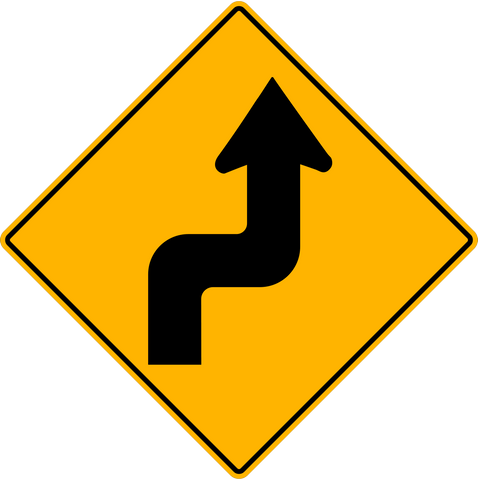Sharp Right Winding Road Warning Traffic Sign. A diamond shaped sign with black graphics on a high intensity prismatic reflective yellow background