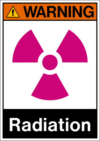 A warning sign with a pink radioactive symbol and the word 'RADIATION' printed below it.