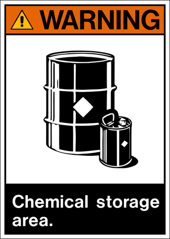 A warning sign with a black and white pictogram featuring a chemical storage area, and a cautionary text label.
