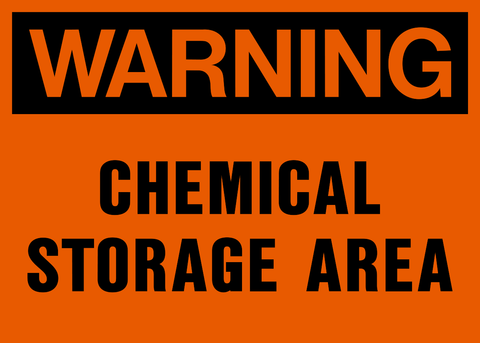 Orange square warning sign with the text 'WARNING CHEMICAL STORAGE AREA' in black capital letters.