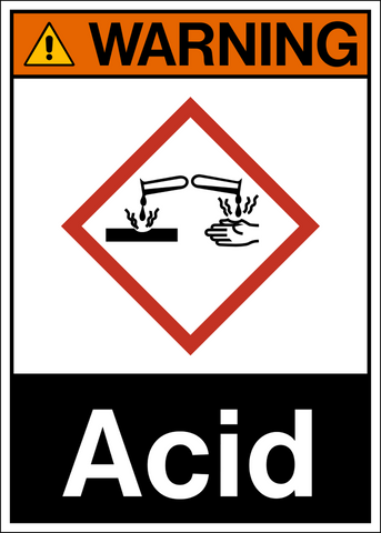 A warning sign with a pictogram depicting a chemical hazard symbol and the word 'ACID' below it.