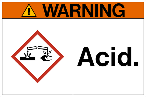 A warning sign with the word 'ACID' in bold letters above a pictogram that depicts a hazardous material label with a cautionary symbol.
