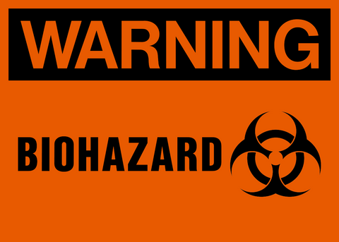 An orange biohazard warning sign with the word 'WARNING' in bold black letters at the top and the biohazard symbol on the bottom right.