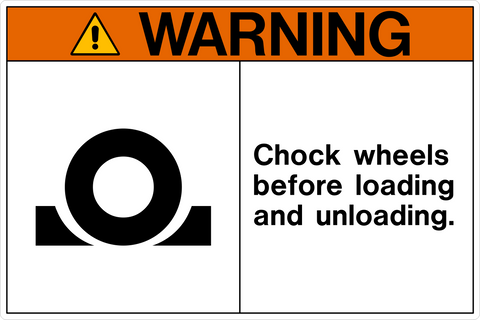 A warning sign with an orange background and black pictogram indicating 'CHECK WHEELS BEFORE LOADING AND UNLOADING'.