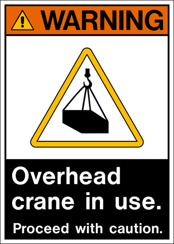 Crane overhead warning sign in ANSI layout with overhead lifting symbol and caution message