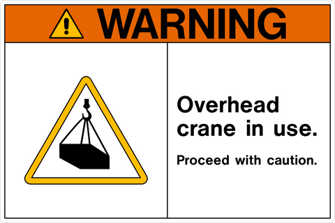 Crane overhead warning sign in OSHA layout with symbol and overhead crane in use message