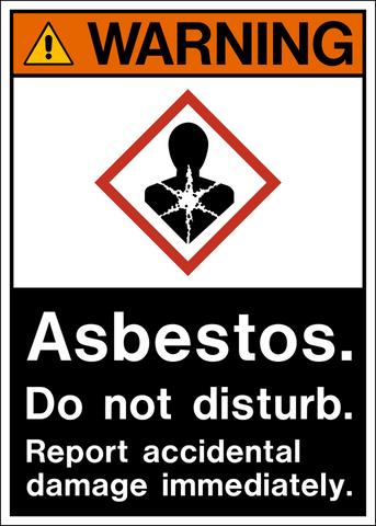 A warning sign with an orange and black border featuring a pictogram of a person with asbestos dust on their clothing, and text that reads 'ASBESTOS. DO NOT DISTURB.