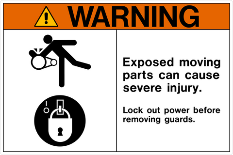 Lock Out Guards OSHA Warning Lock Out Sign is a safety sign with the word WARNING in black letters on an orange background at the top, and a pictogram showing a person getting their hand caught in a machine and black text that states: WARNING EXPOSED MOVING PARTS CAN CAUSE SEVERE INJURY. LOCK OUT POWER BEFORE REMOVING GUARDS on a white background.