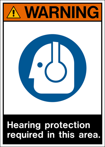 ANSI Warning Hearing Protection Required in This Area Sign with orange header and blue hearing protection pictogram.