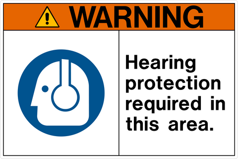 Horizontal OSHA Warning Hearing Protection Required in This Area Sign with blue earmuff pictogram and black text.