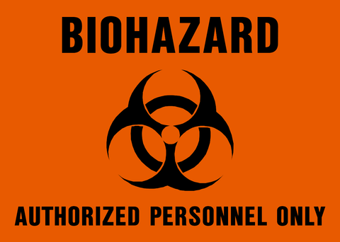 Biohazard warning sign with black biohazard symbol and text stating 'BIOHAZARD AUTHORIZED PERSONNEL ONLY' on an orange background.