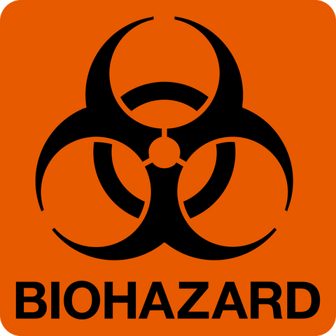 Orange square sign with the biohazard symbol and the word 'BIOHAZARD' in bold black text.