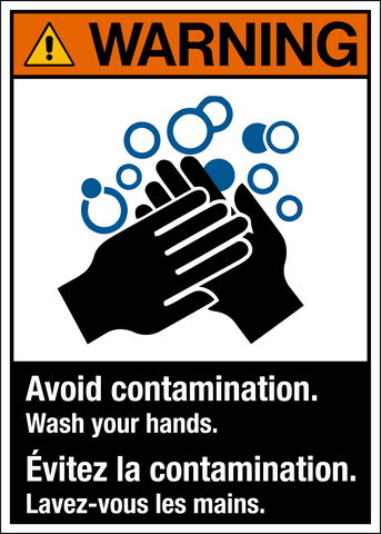 A warning sign with a pictogram depicting hands washing under running water, and text in both English and French indicating the need to avoid contamination and wash hands.