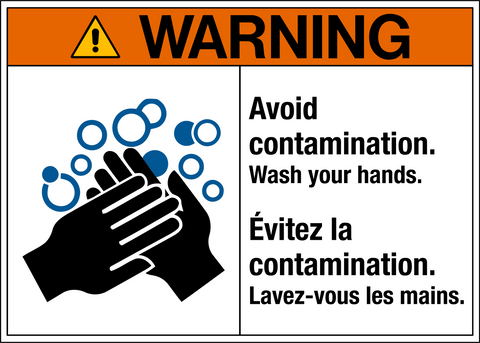 A bilingual OSHA warning sign with the text 'Avoid contamination. Wash your hands.