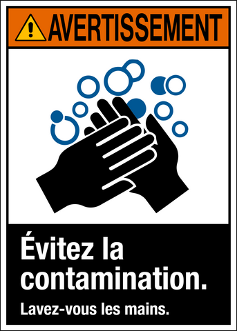 A French ANSI warning sign with the text 'Évitez la contamination. Lavez-vous les mains.' and a pictogram of hands washing.