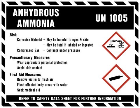 Anhydrous Ammonia Product Identifier WHMIS Label is a self-adhesive vinyl decal in black and white colors with a black hash tag border for Anhydrous Ammonia hazard symbols and text, including risk, precautionary measures, and emergency contact information.