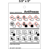 Antifreeze Product Identifier WHMIS TAG is a white single-sided tag with black letters that indicate the product identifier 'ANTIFREEZE' and various red and black hazard symbols related to antifreeze, black PPE symbols, other precautions and direction to see safety data sheets.
