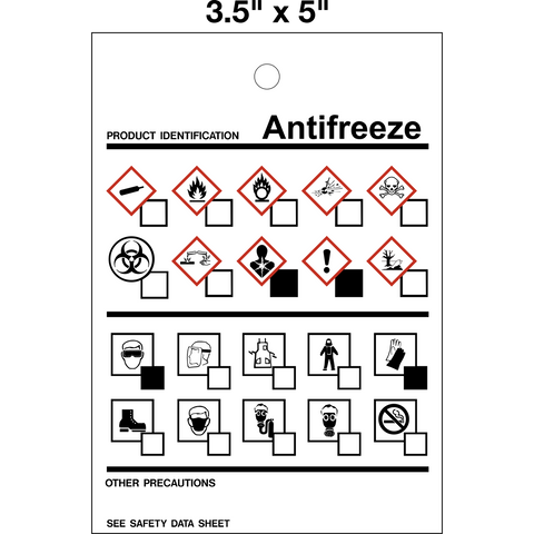 Antifreeze Product Identifier WHMIS TAG is a white single-sided tag with black letters that indicate the product identifier 'ANTIFREEZE' and various red and black hazard symbols related to antifreeze, black PPE symbols, other precautions and direction to see safety data sheets.
